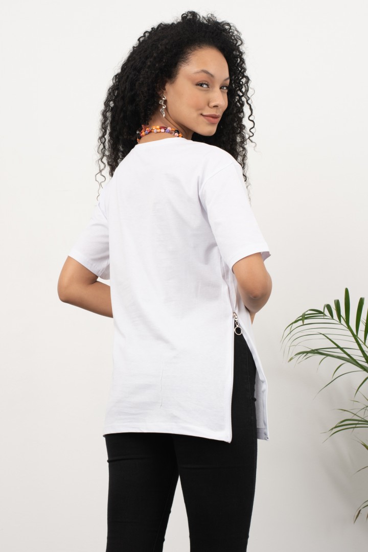 Beyaz Yanı Fermuarlı Basic Bluz