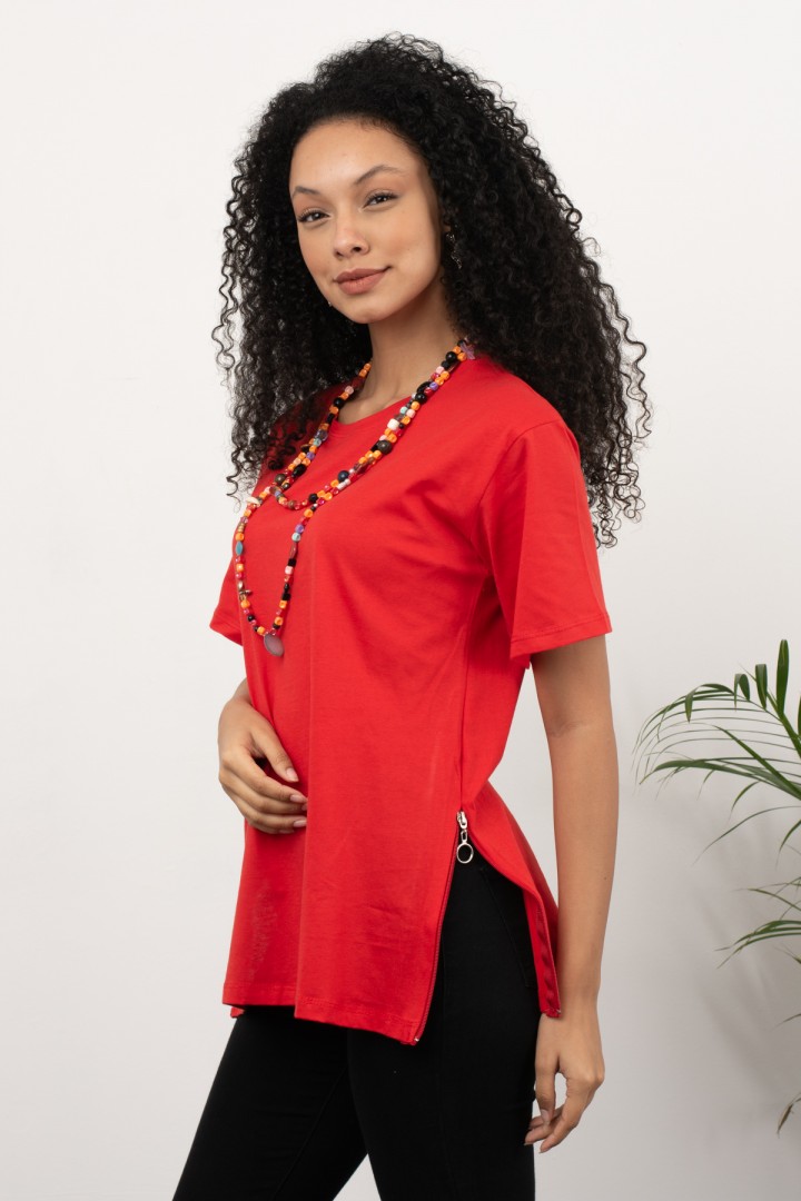Kırmızı Yanı Fermuarlı Basic Bluz