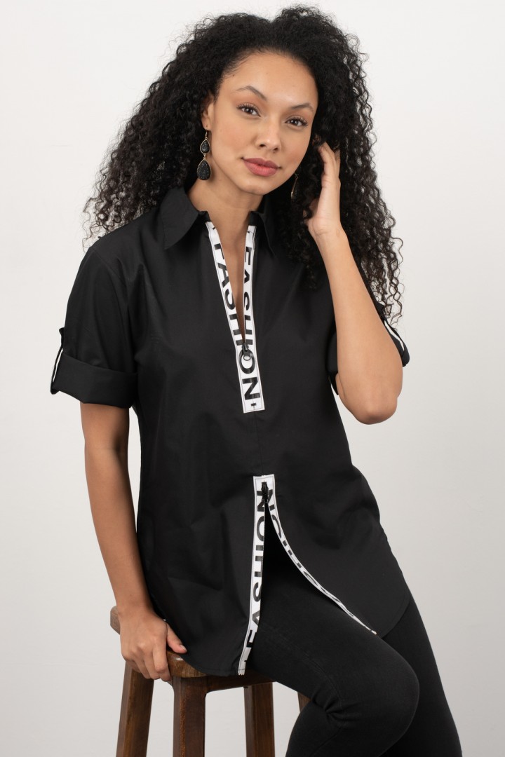 Siyah Fashion Yazılı Fermuarlı Gömlek