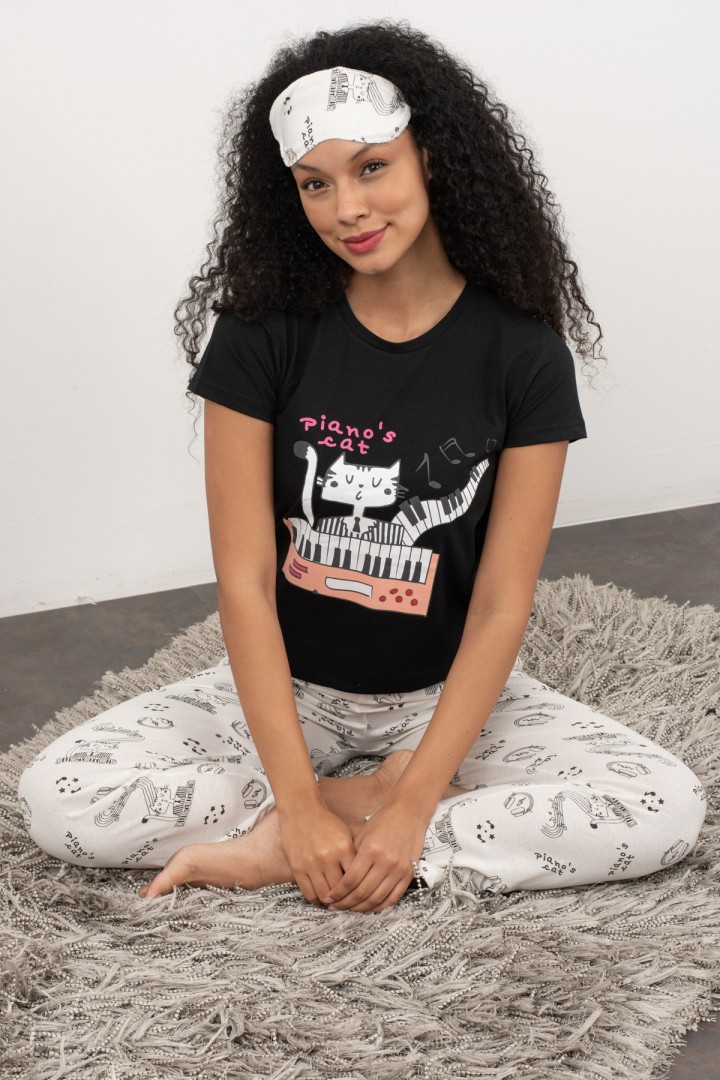 Siyah Beyaz Piano's Cat Baskılı 3'lü  Pijama Takımı