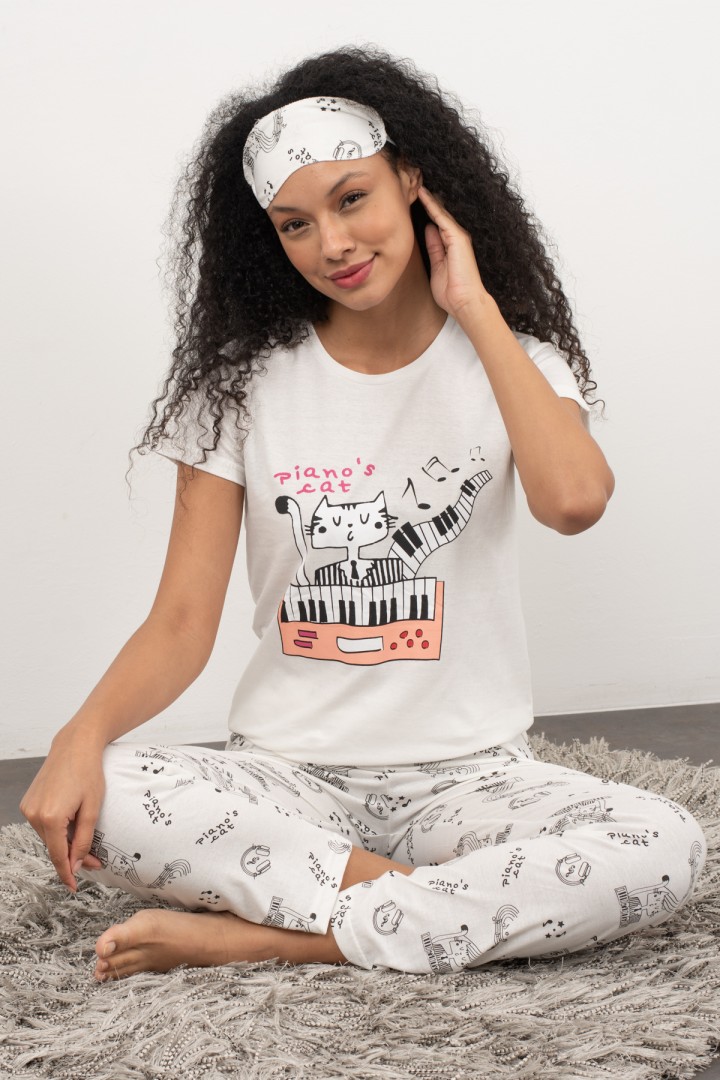 Beyaz Piano's Cat Baskılı 3'lü Pijama Takım