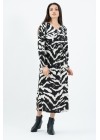 Siyah Beyaz Zebra Desen Beli Büzgülü Uzun Kol Elbise