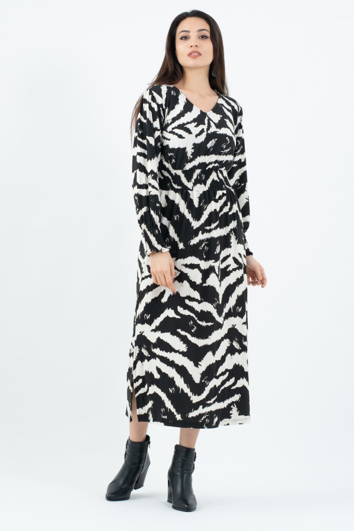 Siyah Beyaz Zebra Desen Beli Büzgülü Uzun Kol Elbise