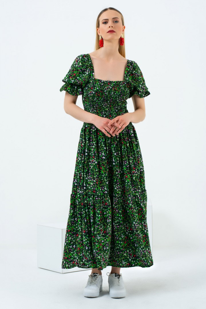 Yeşil Çıtır Desen Gipeli Kare Yaka Prenses Kol Elbise