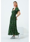 Yeşil Çıtır Desen Gipeli Kare Yaka Prenses Kol Elbise
