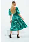 Yeşil Puantiyeli Kare Yaka Prenses Kol Elbise