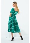 Yeşil Puantiyeli Kare Yaka Prenses Kol Elbise