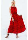 Kırmızı Damla Yaka Bağlamalı Uzun Maxi Elbise