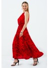 Kırmızı Damla Yaka Bağlamalı Uzun Maxi Elbise