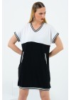 Siyah Beyaz Bloklu Ribana Detay Salaş Elbise