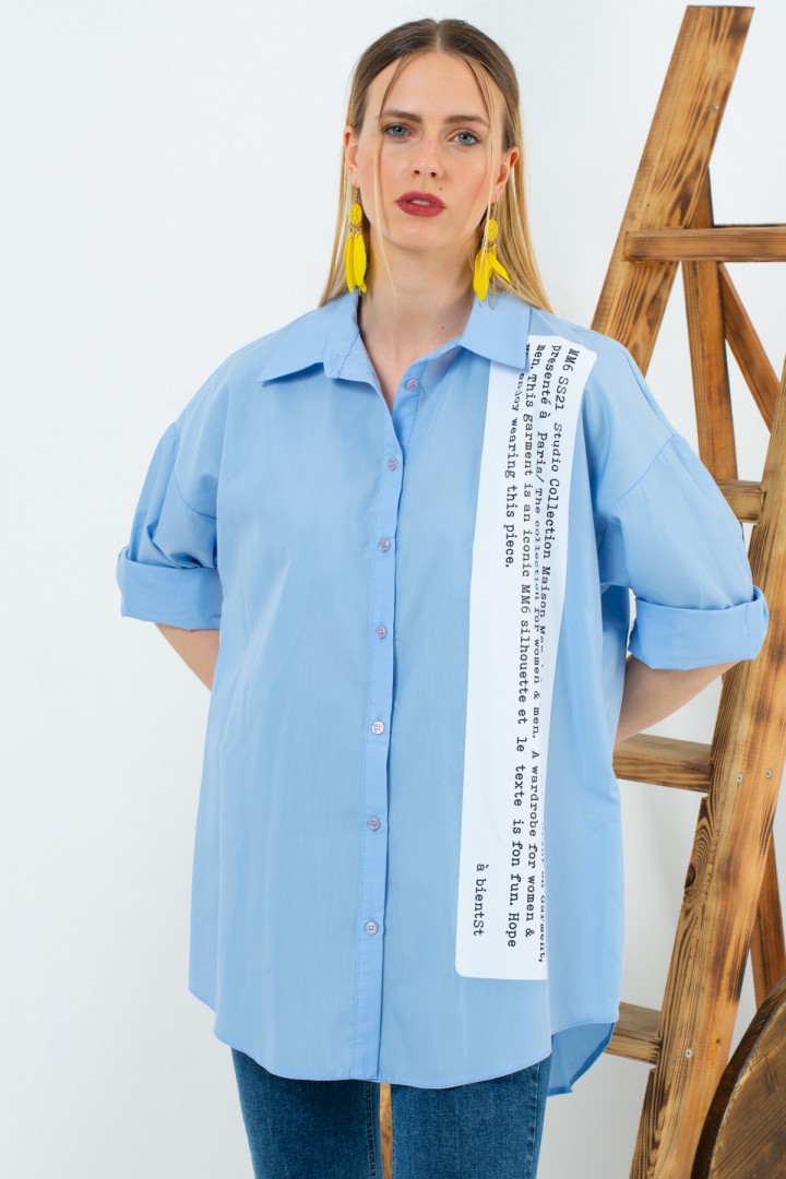 Bebe Mavi Oversize Kolları Katlamalı Yazı Baskı Gömlek