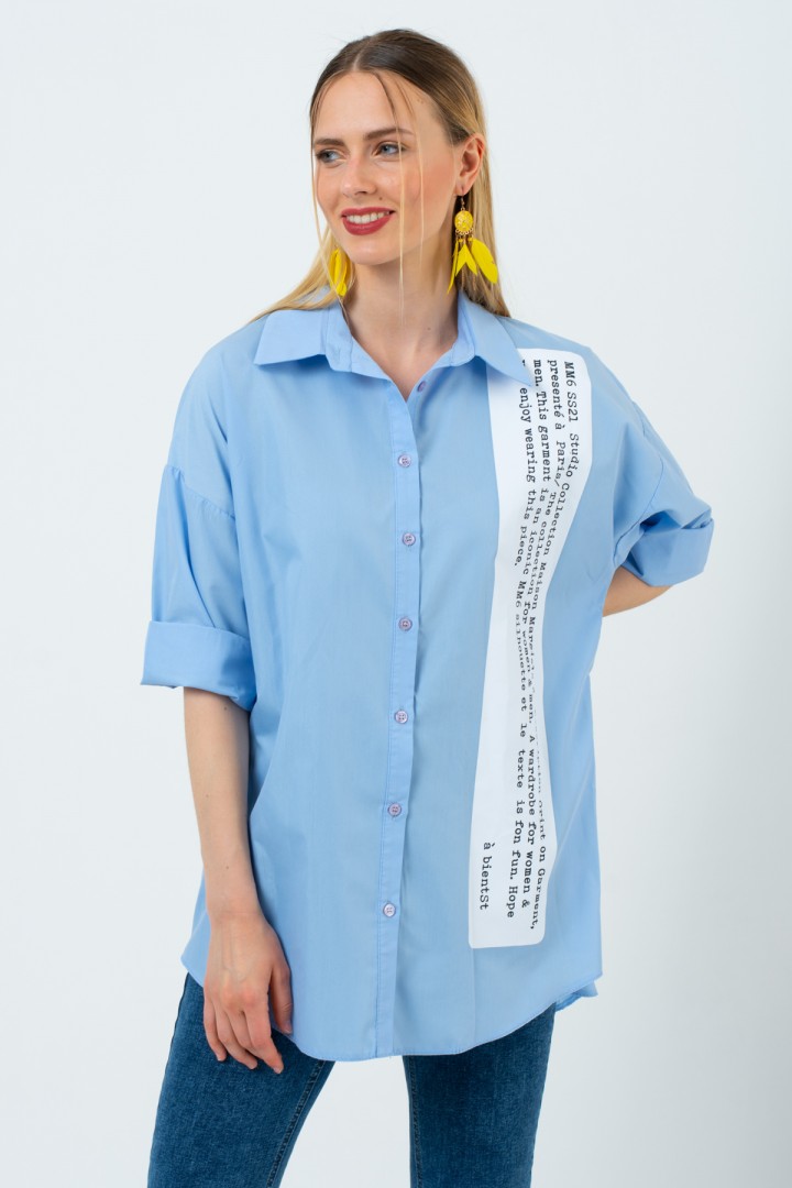 Bebe Mavi Oversize Kolları Katlamalı Yazı Baskı Gömlek