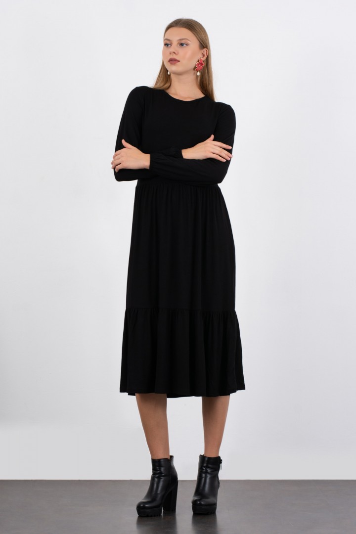 Siyah Basic Fırfırlı Elbise