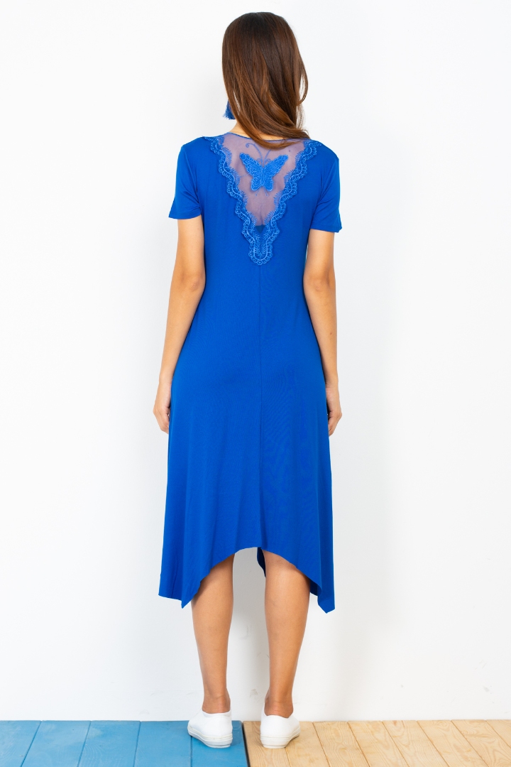 Sax Mavi  Sırtı V Kelebek Detaylı Eteği Asimetrik Kesim Elbise
