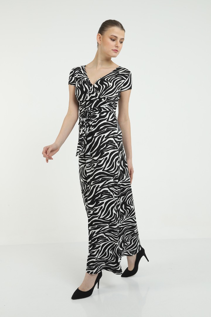 Siyah Zebra Desen Kruvaze Yaka Elbise