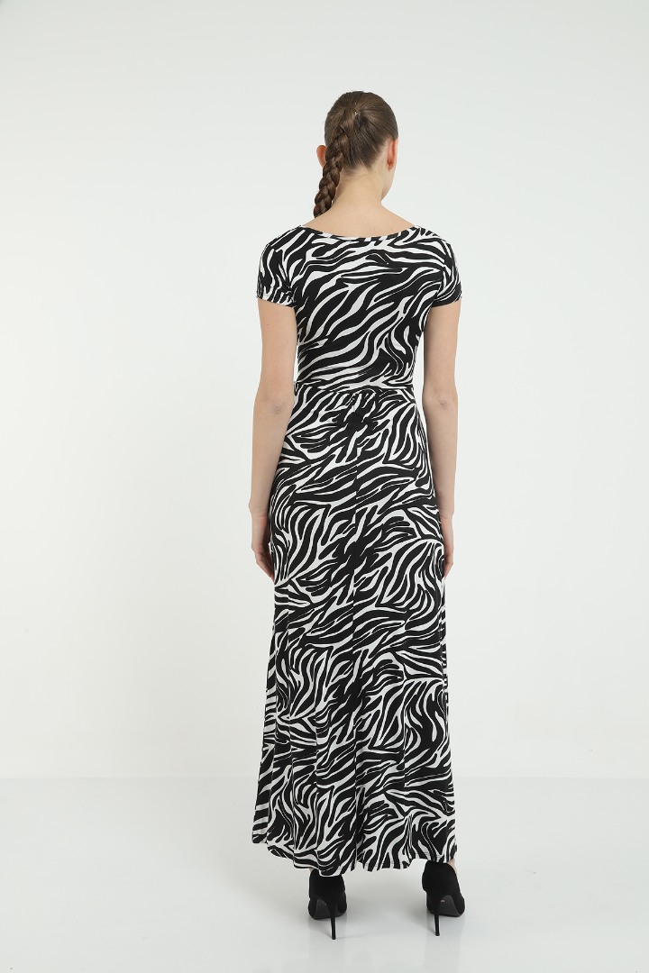 Siyah Zebra Desen Kruvaze Yaka Elbise