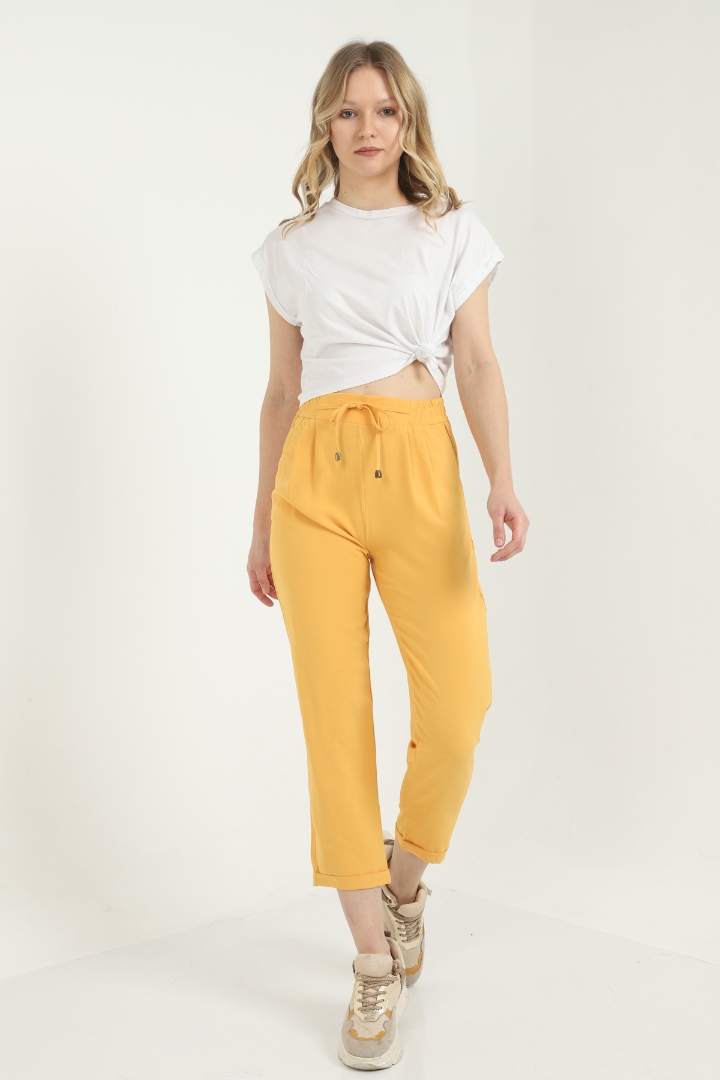 Limon Sarısı Beli Bağcıklı Gizli Cepli Aerobin Pantolon