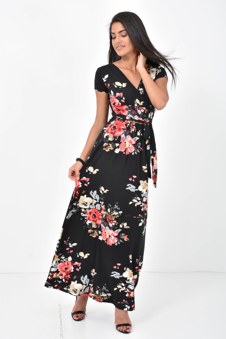 Siyah Çiçek Desenli Kruvaze Yaka Uzun Elbise