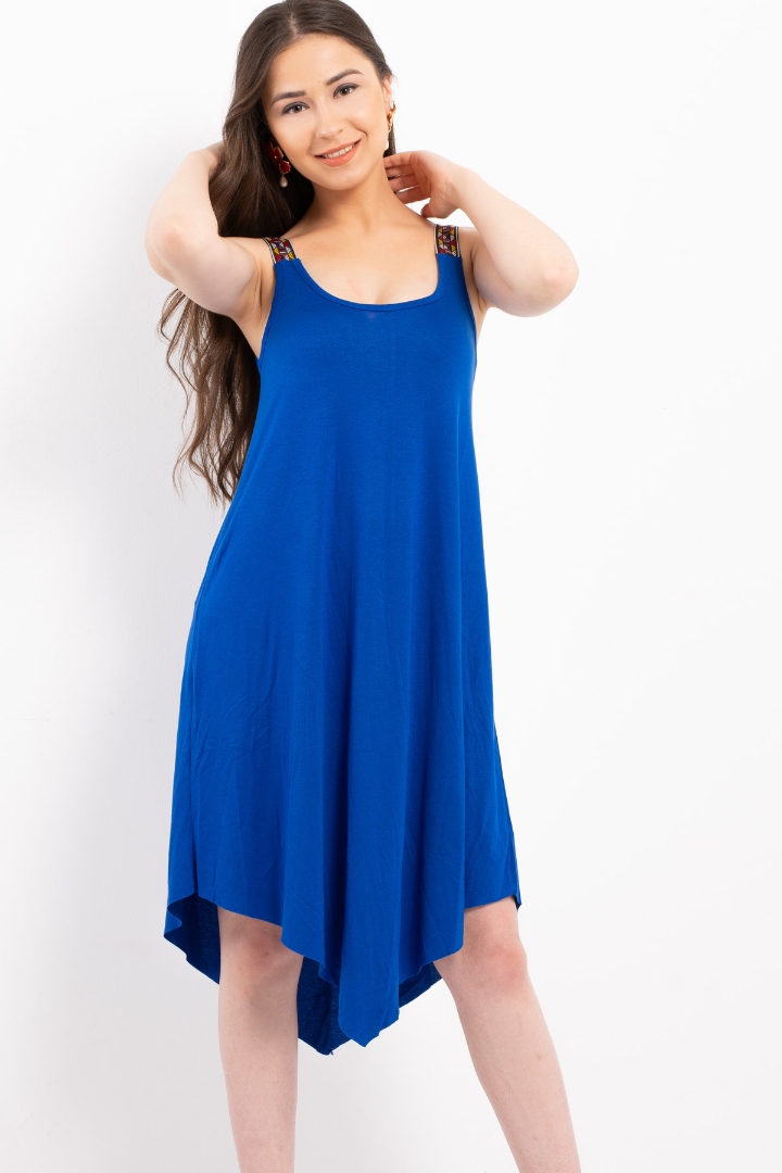 Sax Mavi Eteği Asimetrik Kesim Askılı Elbise