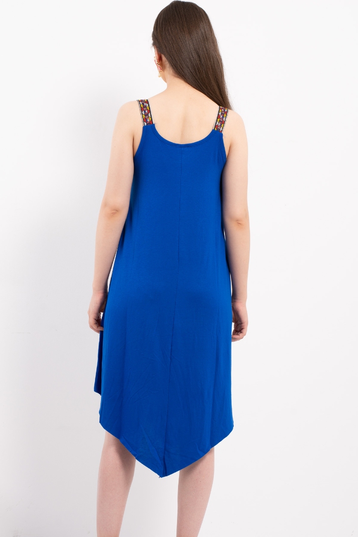 Sax Mavi Eteği Asimetrik Kesim Askılı Elbise