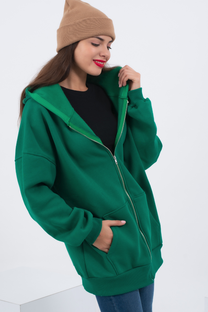 Oversize Fermuarlı Yeşil Şardonlu Sweatshirt